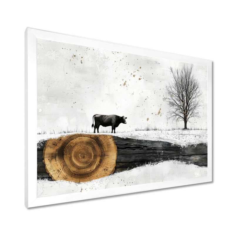 «Donail Winter Farm with Cow In The Field Landscape I», art mural ferme, H 34 po x l 44 po, Cadre flottant, Blanc