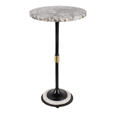 Modern Minimalist Round Metal and Stone Top Accent Side Table for Bedroom - Narrow Pedestal End Table for Living Room Area - 22", Black & White