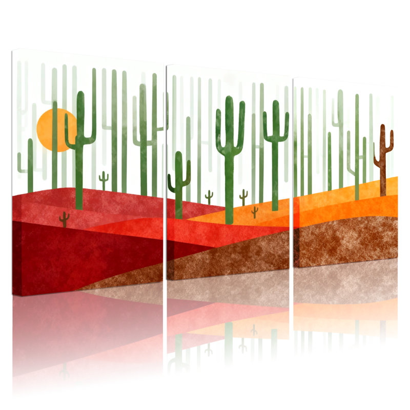 Cactus, paysage désertique avec cactus et soleil, ensemble de 3 impressions sur toile, H 24 po x l 48 po