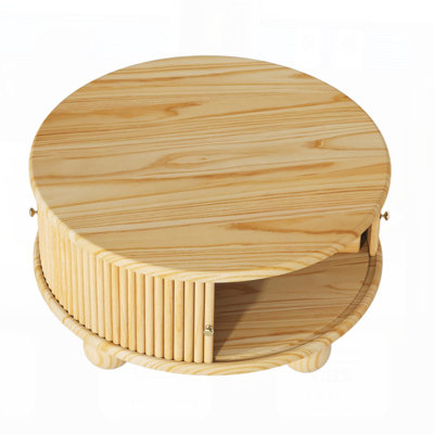 31.8" Round Fluted Pine Wood Coffee Table With Storage And Sliding Door, Natural Finish | Gift Idea