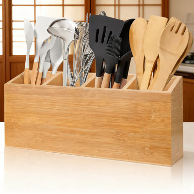 Range-ustensiles en bambou avec 4 compartiments, comptoir de cuisine pour couverts, ustensiles, cuillères, fourchettes, spatules et ustensiles de cuisine