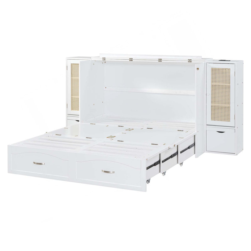 Lit escamotable Murphy avec tiroir et décoration en rotin avec 2 armoires de rangement, un ensemble de prises et de ports USB, structure à poulie