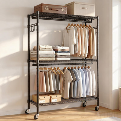 Rolling Clothes Rack, Heavy Duty Clothes Rack With Wheels, 3 Tiers Adjustable Wire Shelving Garment Rack With 2 Clothes Rods And Side Hooks,Freestandi
