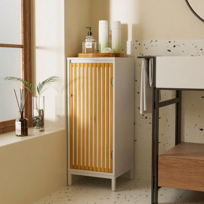 Armoire de salon avec porte à lattes en bambou - naturel / blanc
