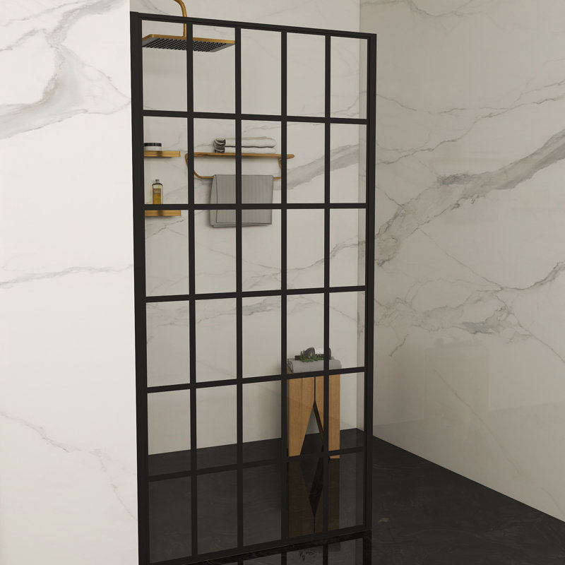 Porte de douche à panneau simple l 34 po x H 72 po, écran de douche en verre trempé de 8 mm avec cadre noir satiné, porte de douche fixe réversible pour salle de bain