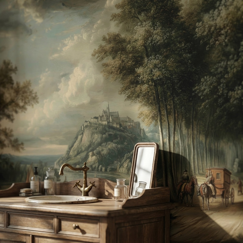Papier peint paysage château voiliers fresque murale, 200"x120", Non-Woven Nonpasted