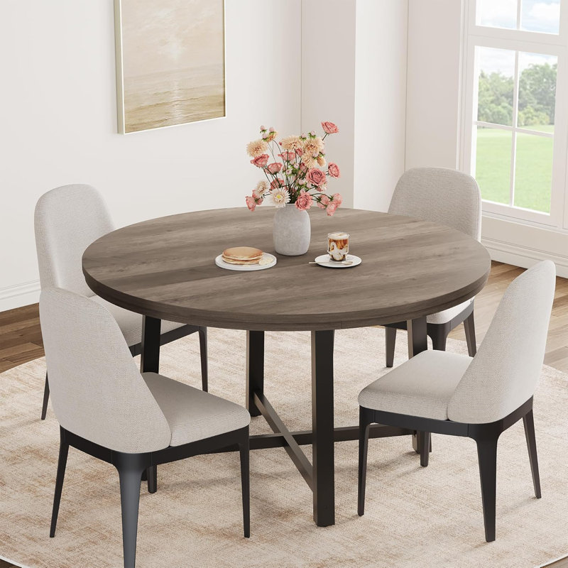 Space Saving 47" Round Dining Table for 4, Kitchen Dining Room Table w/ Sturdy Metal Frame, Wood Circle Kitchen Table