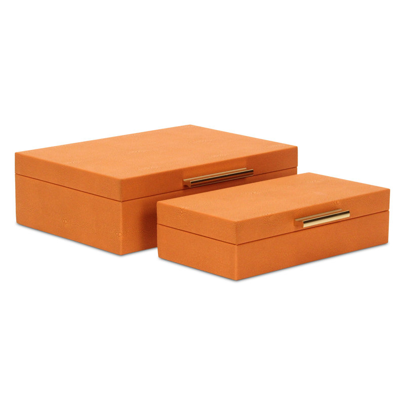 RebekaSet de 2 boîtes de rangement rectangulaires emboîtables, finition embossée moderne - faux chagrin orange, Orange