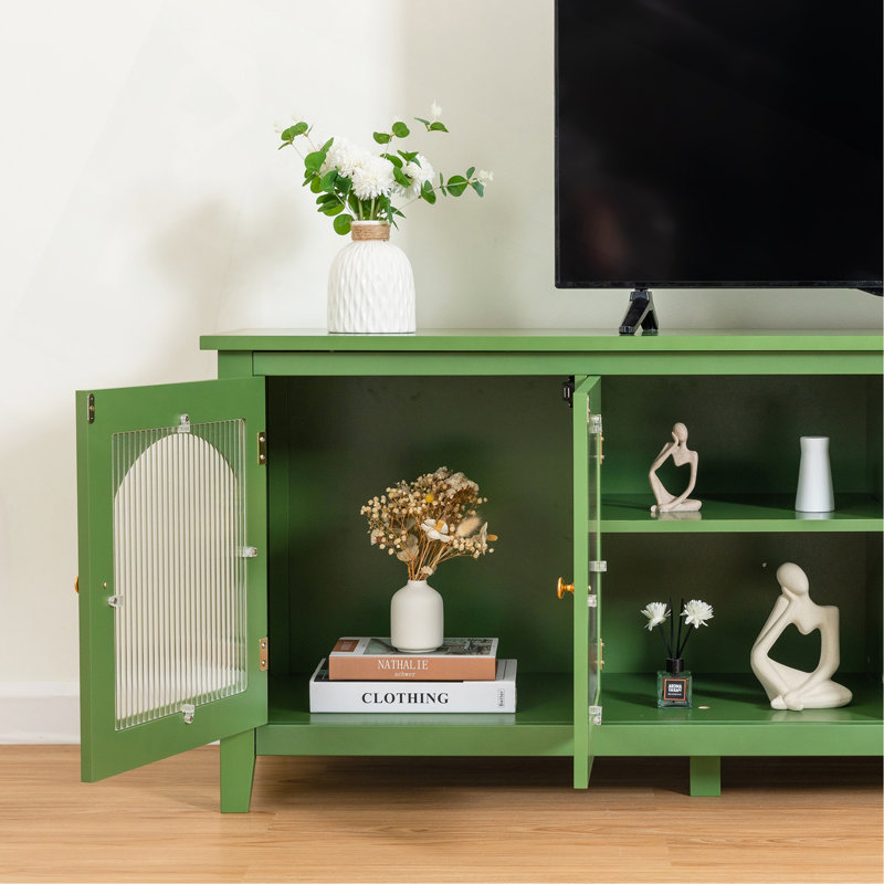 Alberta 70"L Modern TV Stand Cabinet with 4 Doors, Wood Wide Entertainment Center, Glass Doors, Antique Green