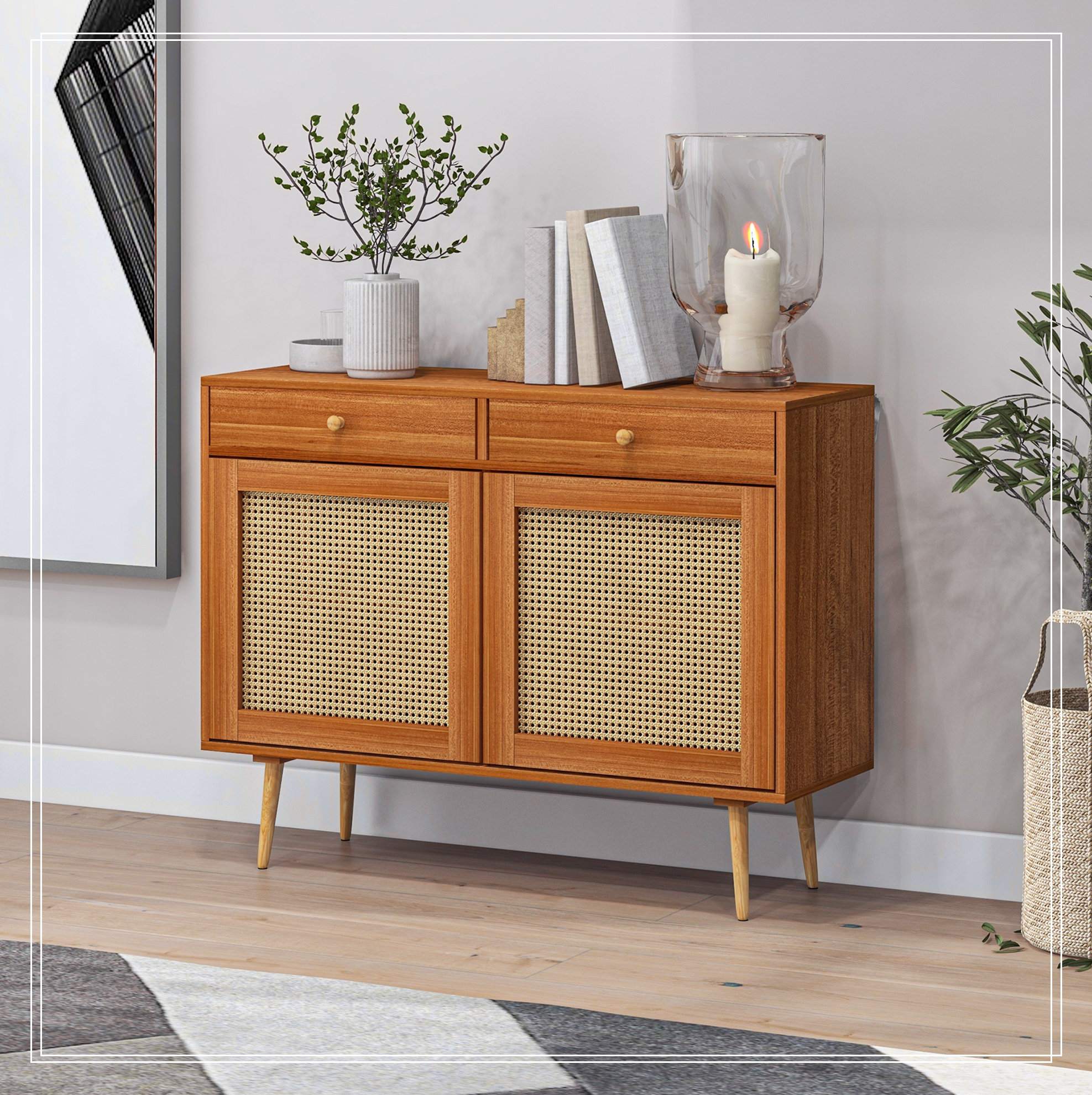 Bay Isle Home™ Boho Kitchen Cabinet with Rattan Doors and Adjustable ...