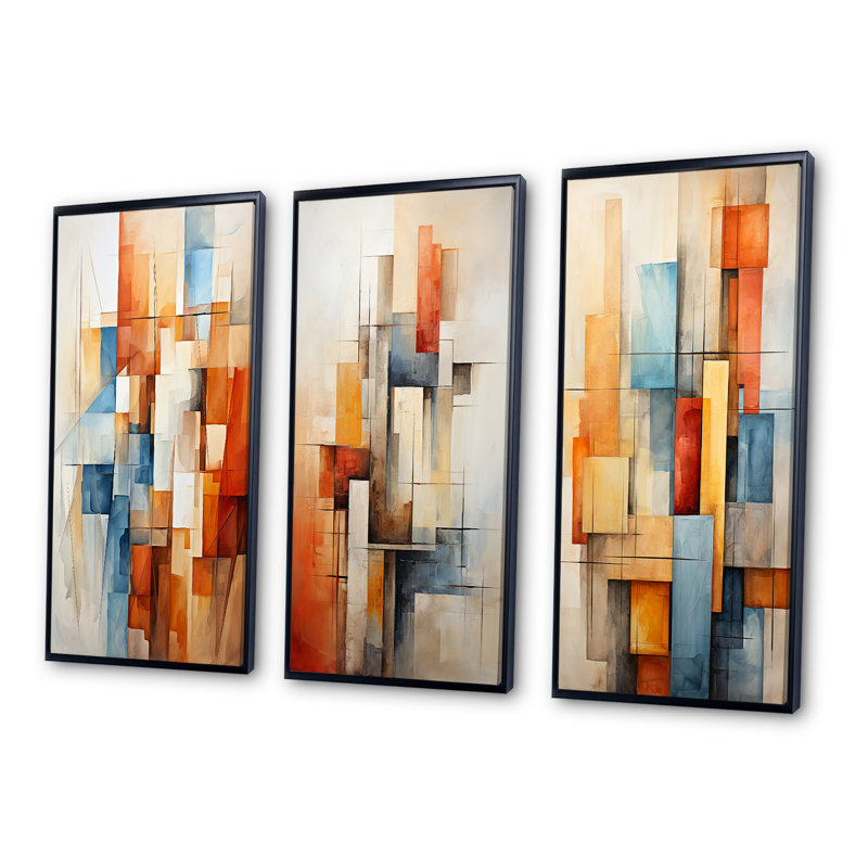 «Cubism Fragmented Perspectives», 3 pièces sur toile, H 20 po x l 36 po, Cadre noir