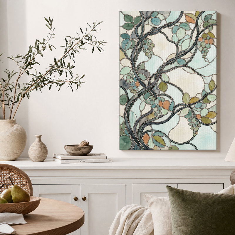 Tableau mural en vitrail turquoise et vert représentant une vigne, 40"H x 28"W
