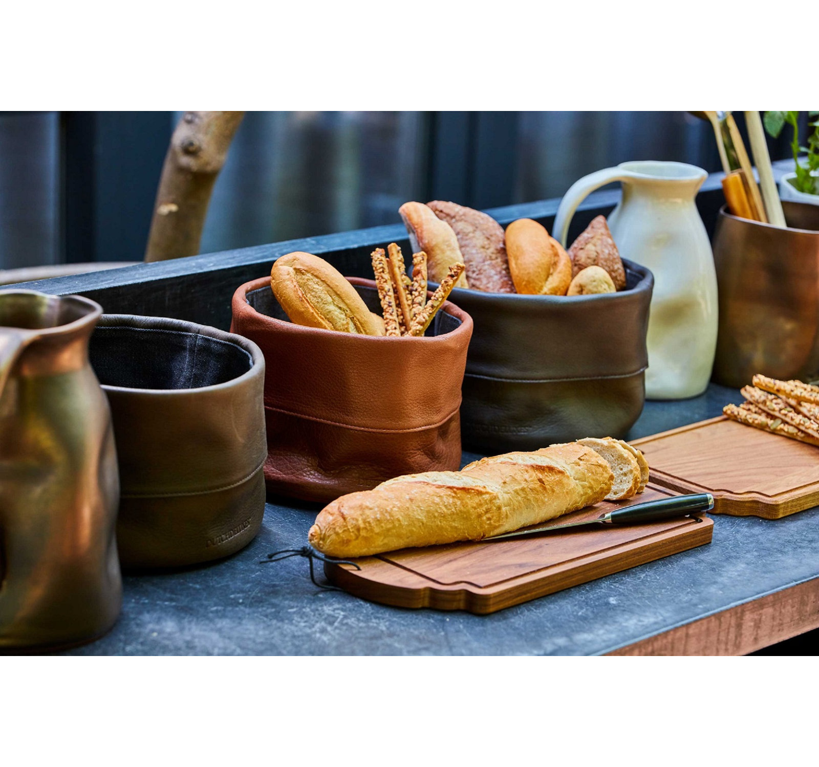 Leather Bread Basket, Cognac