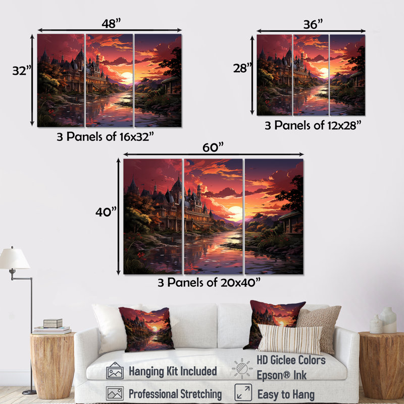 Mystère, château avec croal, coucher de soleil, ensemble d'art sur toile, Toile tendue, H 32 po x l 48 po x P 1 po