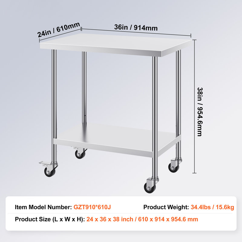 Table de travail en acier inoxydable, hauteur de 38 pouces, tablette réglable, roulettes incluses, 38" H x 36" W x 24" D