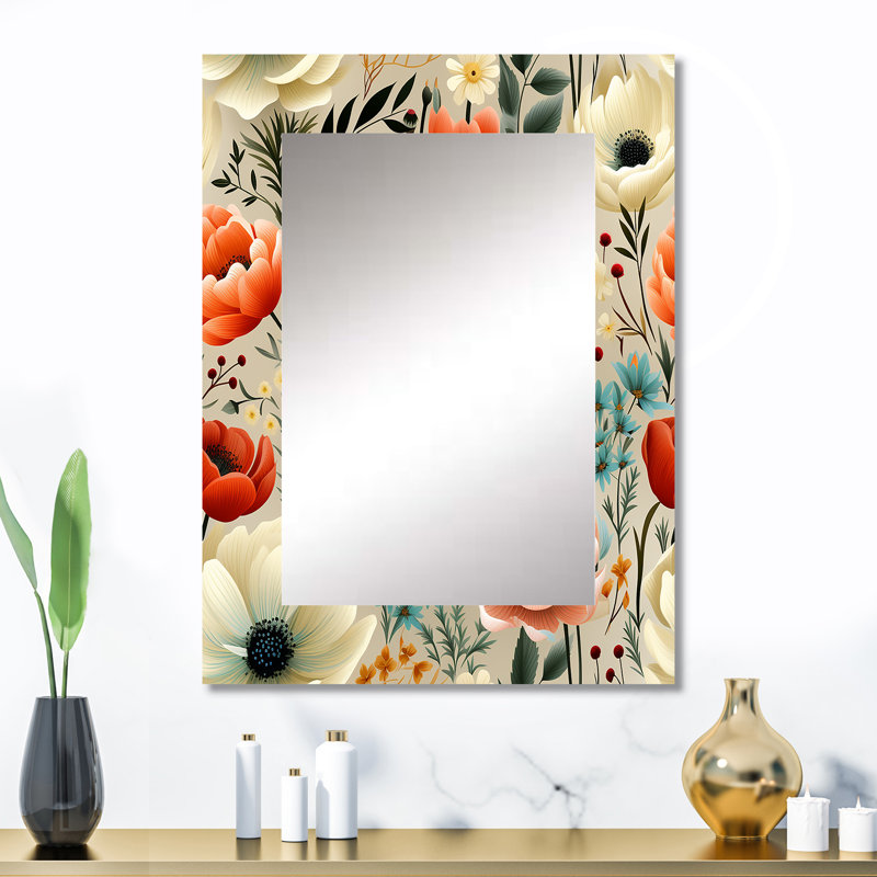 Avangeline Playful Floral Ivory and Blue Delight - miroir mural floral, miroir décoratif de chalet, impression d'art en métal