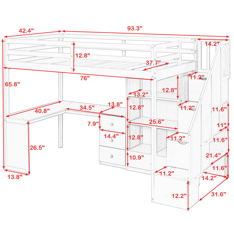 Twin 4 Drawers Wood Loft Bed with Built-in Desk and Shelves, White