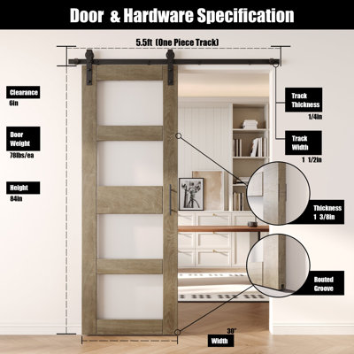 Porte de grange en verre non assemblé et fini 30 po x 84 po avec ensemble de quincaillerie Homacer Classic gris 30 po x 84 po, utilisation intérieure seulement