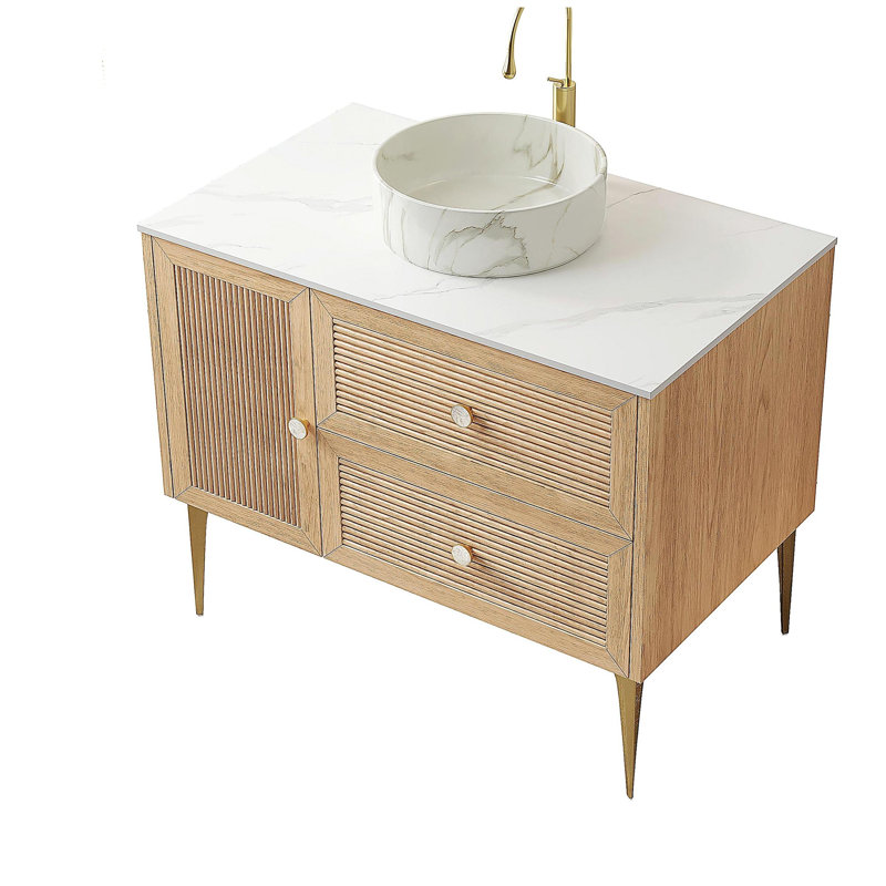 MUNIN 36" Bathroom Vanity with Sink, Freestanding Plywood Storage Cabinet with 4 Metal Legs, Door and 2 Drawers, White Ceramic Basin with Stone Pattern, NO Faucet, Pre-assembled, Oak Woodgrain Color