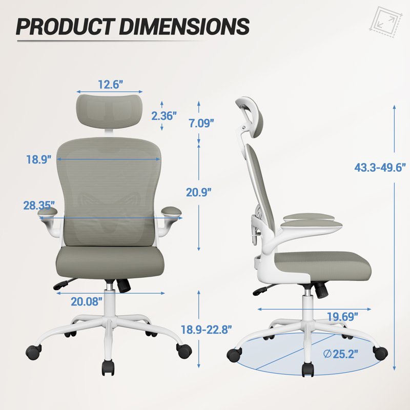 Ergonomic High-Back Mesh Office Chair with Adjustable Lumbar Support, Flip-Up Armrests, Headrest and Swivel Recline for Home & Office Task Seating