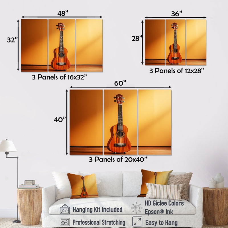 Minimalisme, guitare jaune, musique, mélodie, Toile tendue, H 40 po x l 61 po x P 1 po