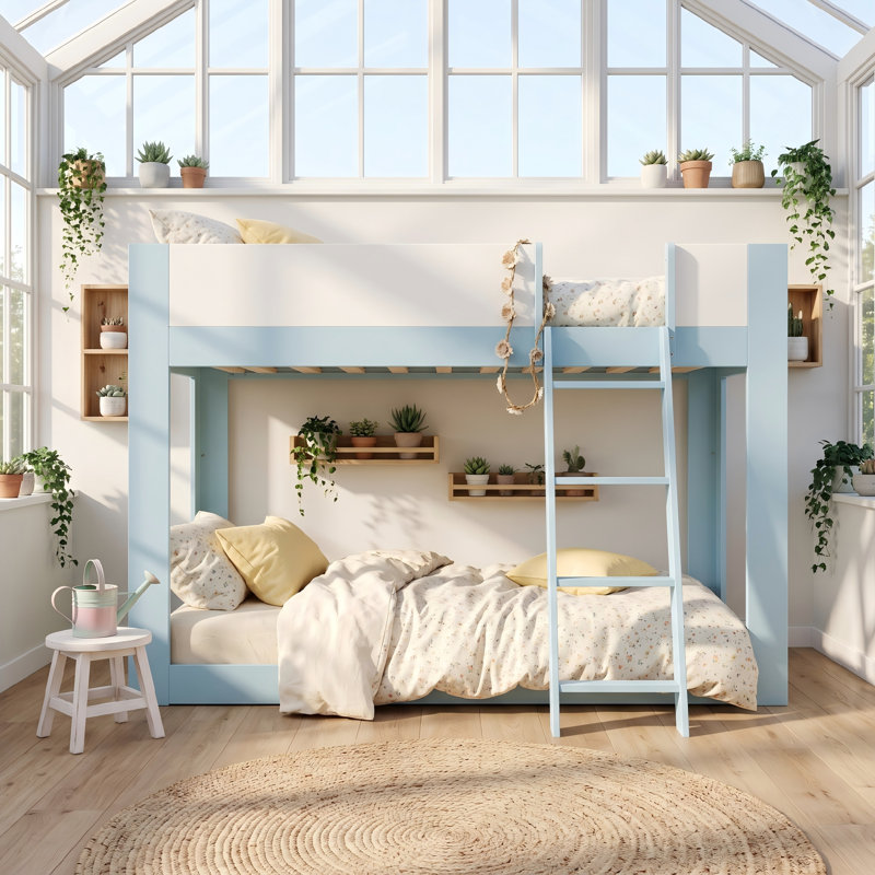 Low Bunk Bed with Reversible Ladder, Solid Wood Convertible Bunk Bed with Safety Guardrails for Low Ceilings, Full, Blue