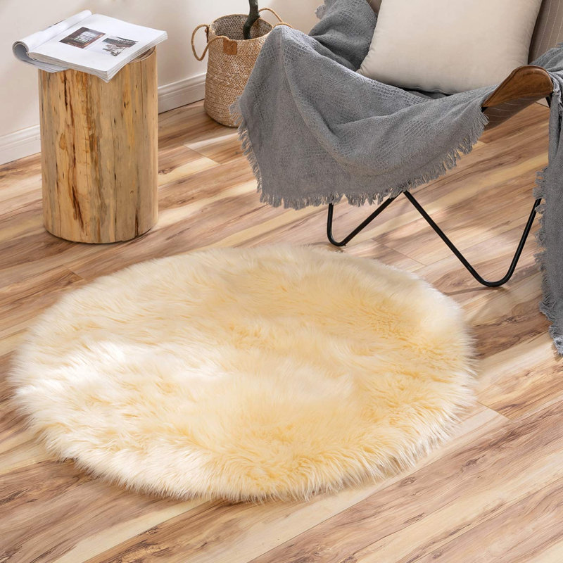 Cream Yellow Shag Faux Sheepskin Fluffy Washable Area Rug, Round 3'