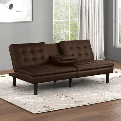 Contemporary Futon Sofa Bed With Biscuit Tufting, Drop - Down Table, Cup Holders And USB Chargers For Flexible Seating And Sleeping