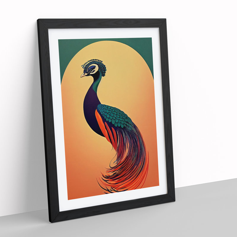 An Nouveau Peacock - Single Picture Frame Painting, 34cm H x 25cm W x 2cm D, Black