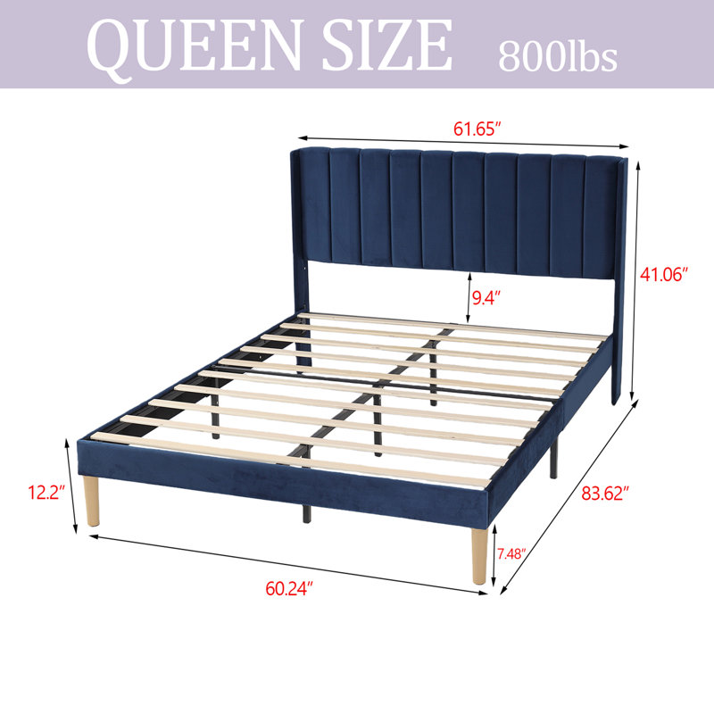 Upholstered Platform Bed Frame, Blue, Queen