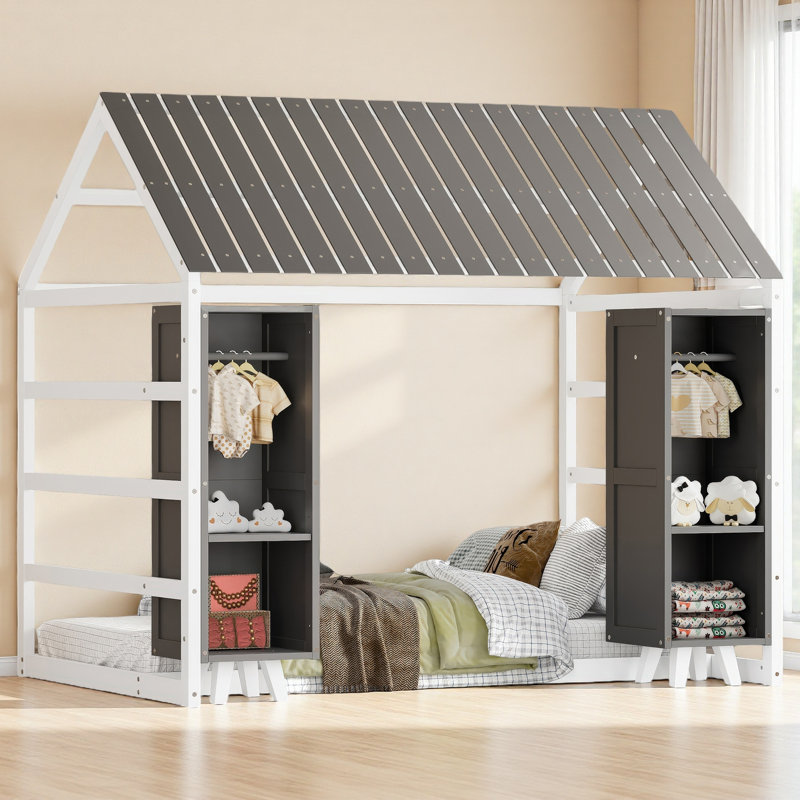 Lit simple en bois avec clôture et toit, lit pour enfants avec deux armoires mobiles, Gris
