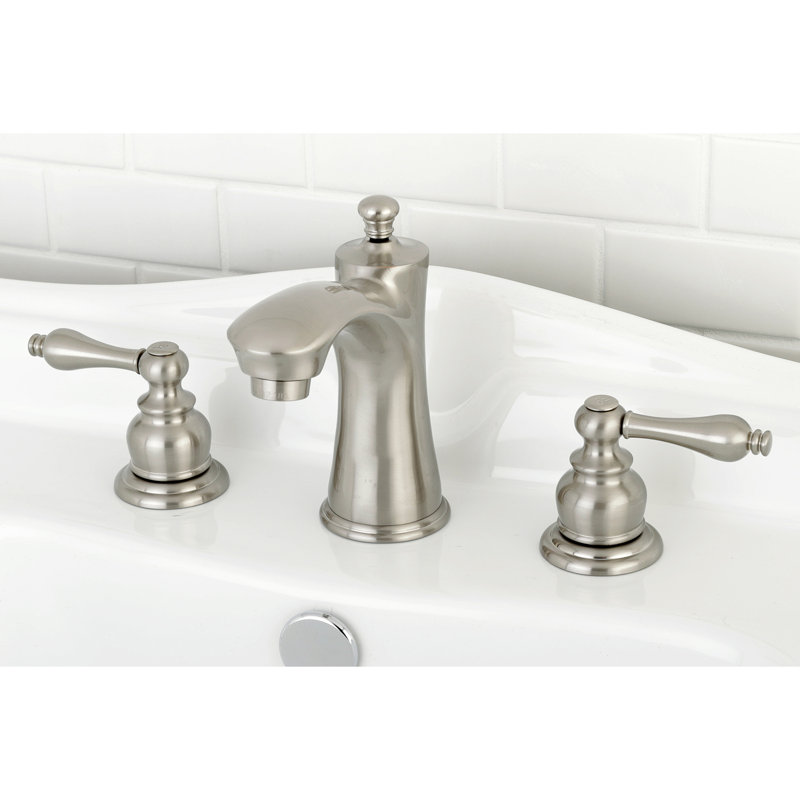 Kingston Brass Victorian Two-Handle 3-Hole Deck Mount Widespread Bathroom Faucet with Retail Pop-Up Drain, Brushed Nickel