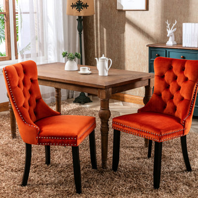 Contemporary Solid Wood Dining Chairs With Orange Velvet Upholstery And Rivets Modern Chair Soft Strong Legs, 2,
