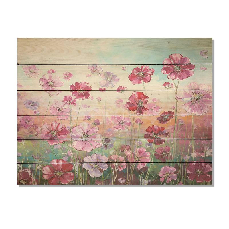 Élégant géraniums, champ de fleurs, art mural en bois sur bois de pin naturel, H 24 po x l 32 po