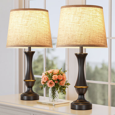 22'' Black Metal Table Lamp Set with 3-Way Touch control and USB A&C