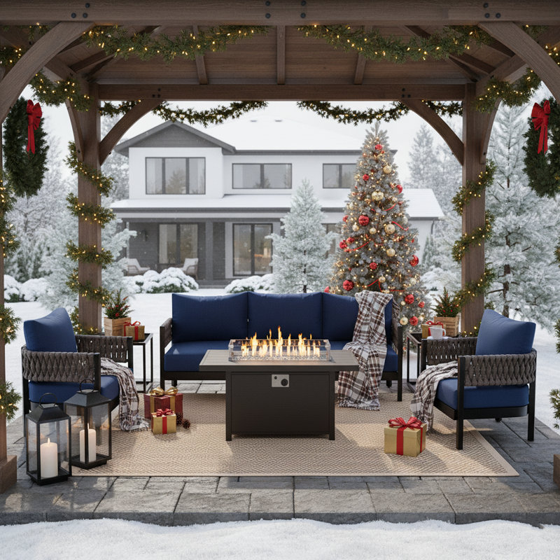 5-Person Modern Aluminum Outdoor Sofa Seating Group with 47.8" Fire Pit Table & 5.9" Cushions