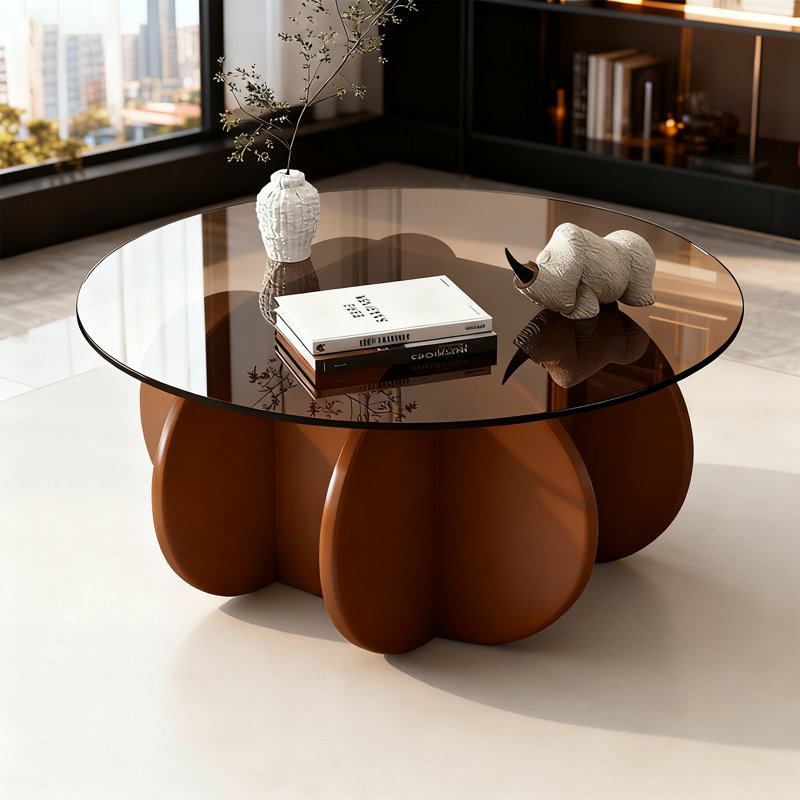 31.5" Round Tempered Glass Coffee Table, Mid Century Modern Round Cocktail Table with Solid Wood Flower Shaped Base, 170LBS Weight Capacity Decorative Center Table for Living Room, Small Apartment & Home Office