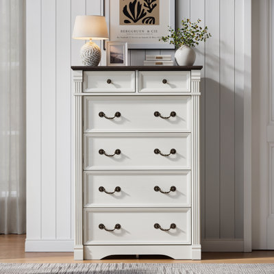 White 6 Drawer Dresser, 47" Tall Dresser For Bedroom, Wood Rustic Tall Chset Of Drawers With Chic Wood Pilasters, Farmhouse Dressers Organizer For Bed by Charlton Home