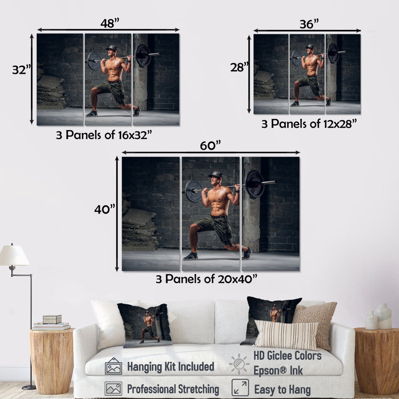 «Man Is Doing Lunge With Barbell» - ensemble d'art mural aérobie et musculation, H 28 po x l 36 po