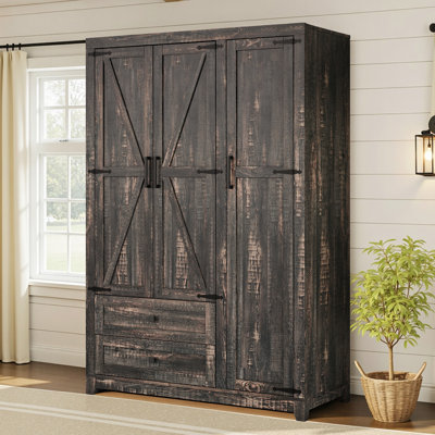 Armoire-penderie à 3 portes Bichock 70 po avec 2 tiroirs et tringle, chêne foncé