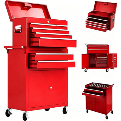 Coffre à outils robuste 8 tiroirs - Boîte à outils amovible en métal 2 en 1, rangement verrouillable en acier, tiroirs coulissants - Armoire mobile pour garage ou atelier