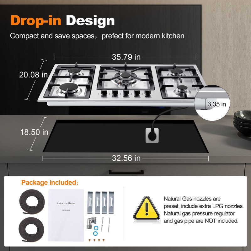 Plaque de cuisson à 5 brûleurs 36 po avec brûleur électrique double taille SNDOAS