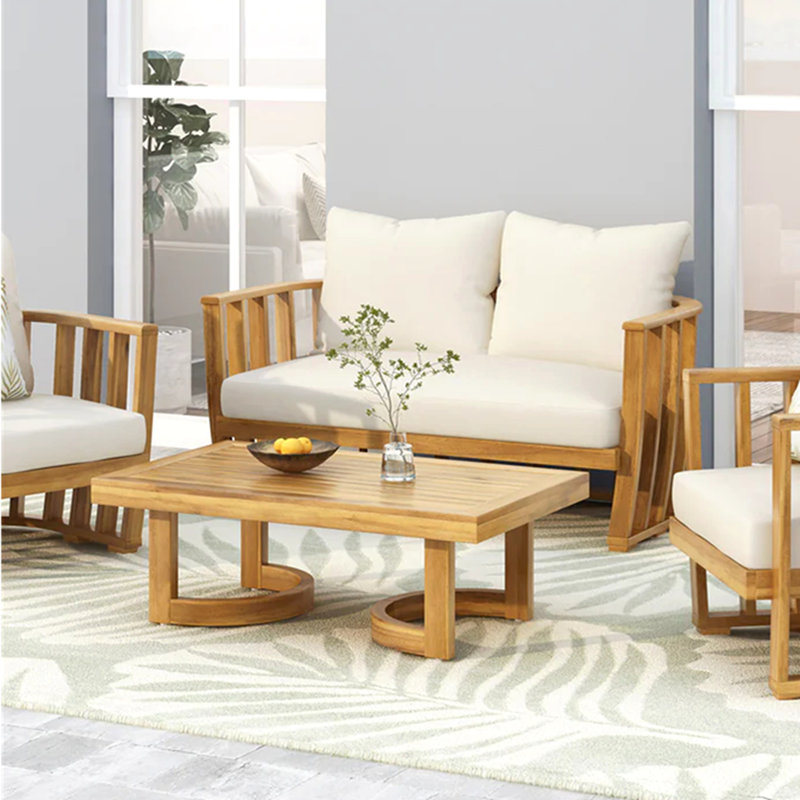 Ensemble de causeuse et table basse d'extérieur en bois d'acacia avec coussins, teck, beige