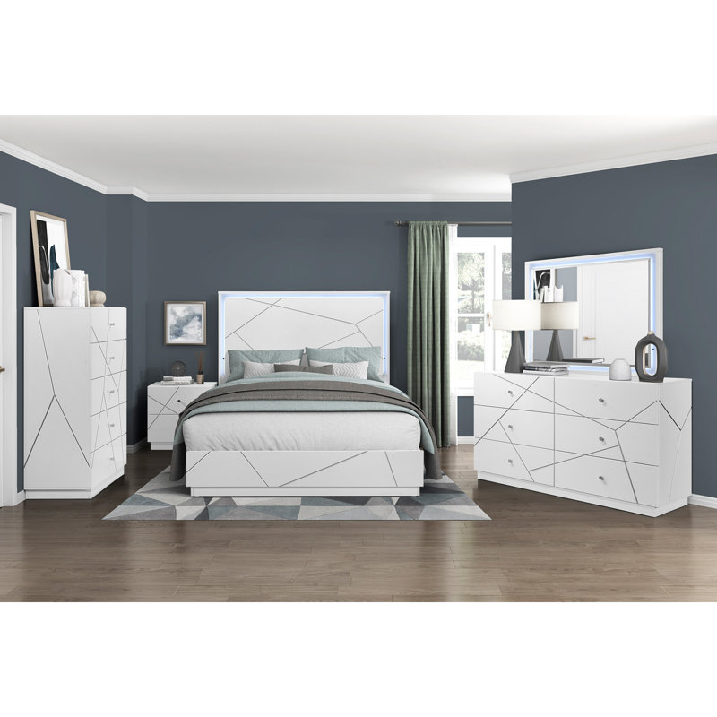 Commode de rangement à 5 tiroirs à finition blanche glamour