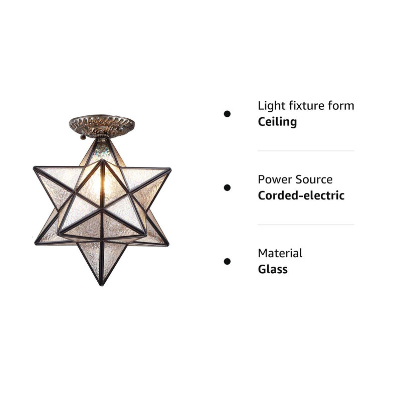 12-Inch Moravian Star Tiffany Style Stained Glass Semi Flush Mount Ceiling Fixture, Suitable For Decorating Room (Iridescent)