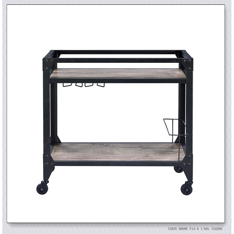 Rustic Oak and Charcoal 2-shelf Serving Cart with Stemware Rack, Wine Storage, and Caster Wheels for Easy Mobility.