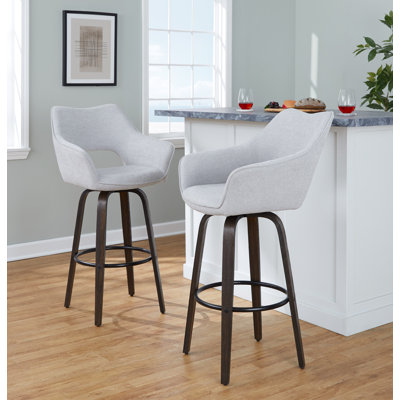 Barstool 30 Inch Fabric and Wood Set of 2 Swivel Gray with Metal Footrest