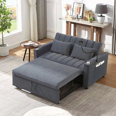Canapé-lit convertible de 55,9 po avec trois ports USB, deux poches latérales, deux porte-gobelets et un support de téléphone pivotant à 360 ° pour le salon, bleu-gris