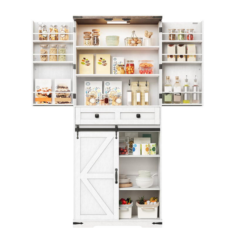 Farmhouse Kitchen Pantry Cabinet, 71.6” Storage Cabinet With Led Light And Sliding Barn Door