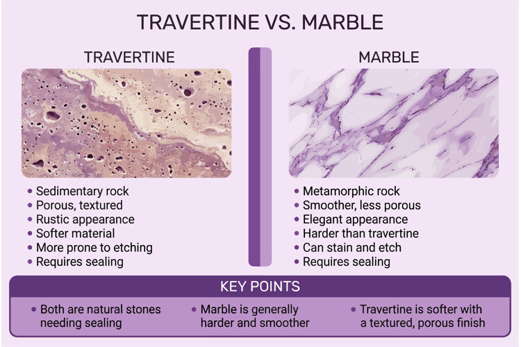 Travertine vs marble stone comparison infographic showing travertine’s porous, rustic texture and marble’s smoother, harder surface for home surfaces